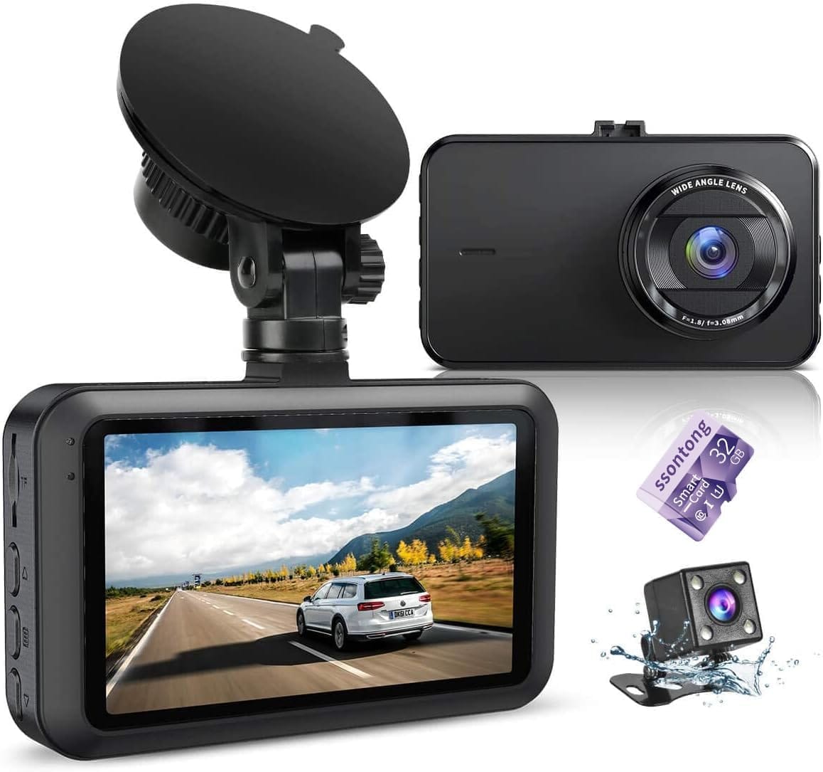 Dash Cam Front and Rear with Card FHD 1080P 3”IPS Screen Dual Camera Dash Cams DVR Car Driving Recorder