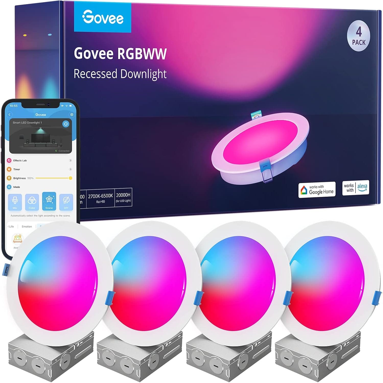 Govee Smart Recessed Lighting 6 Inch, Wi-Fi Bluetooth Direct Connect RGBWW LED Downlight, 65 Scene Mode, Work with Alexa & Google Assistant with Junction Box, 1100 Lumen, 4 Pack