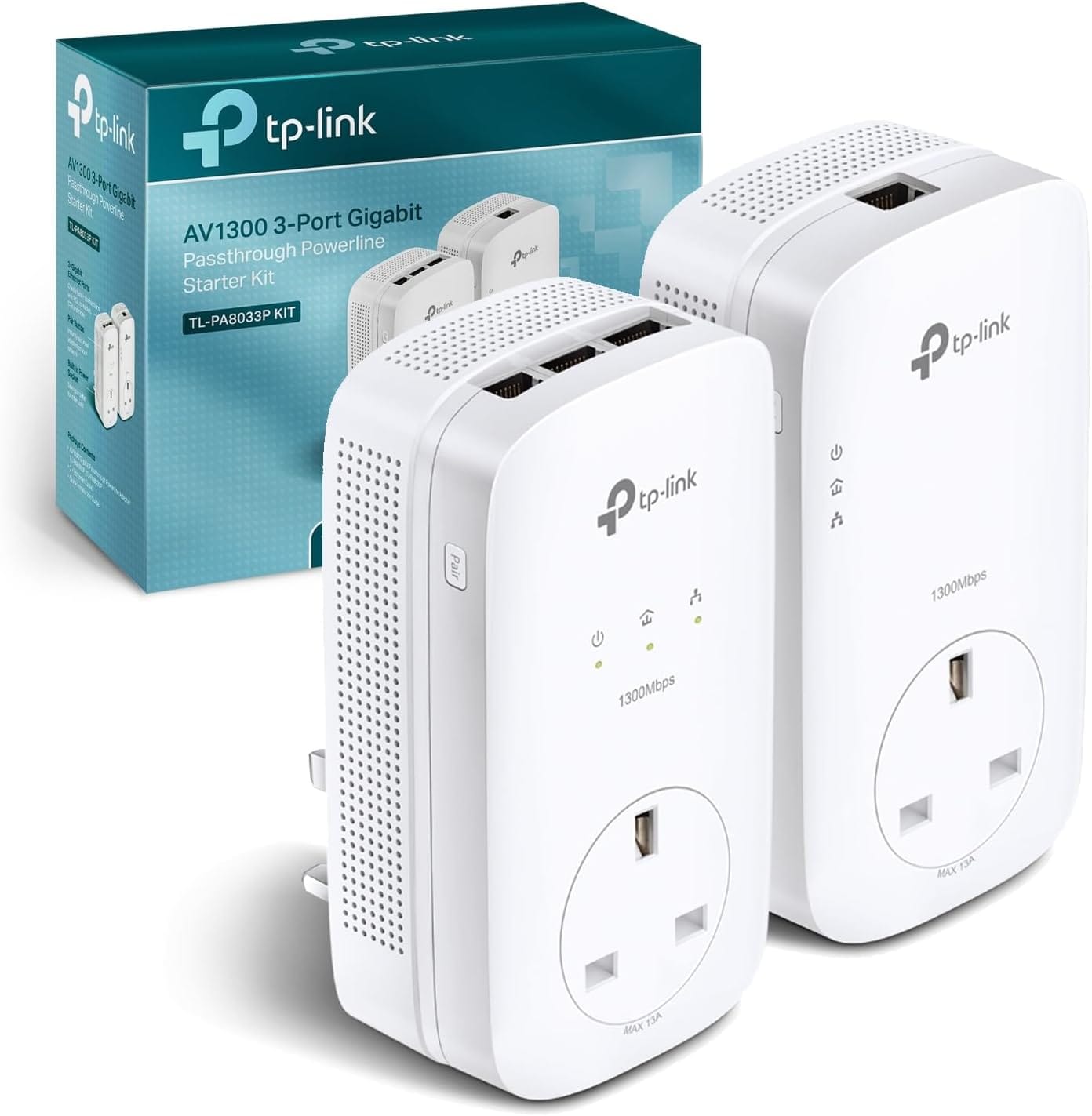 TP-Link TL-PA8033PKIT AV1300 3-Port Gigabit Passthrough 2x2 MIMO Powerline Adapter Starter Kit, No Configuration Required, UK Plug