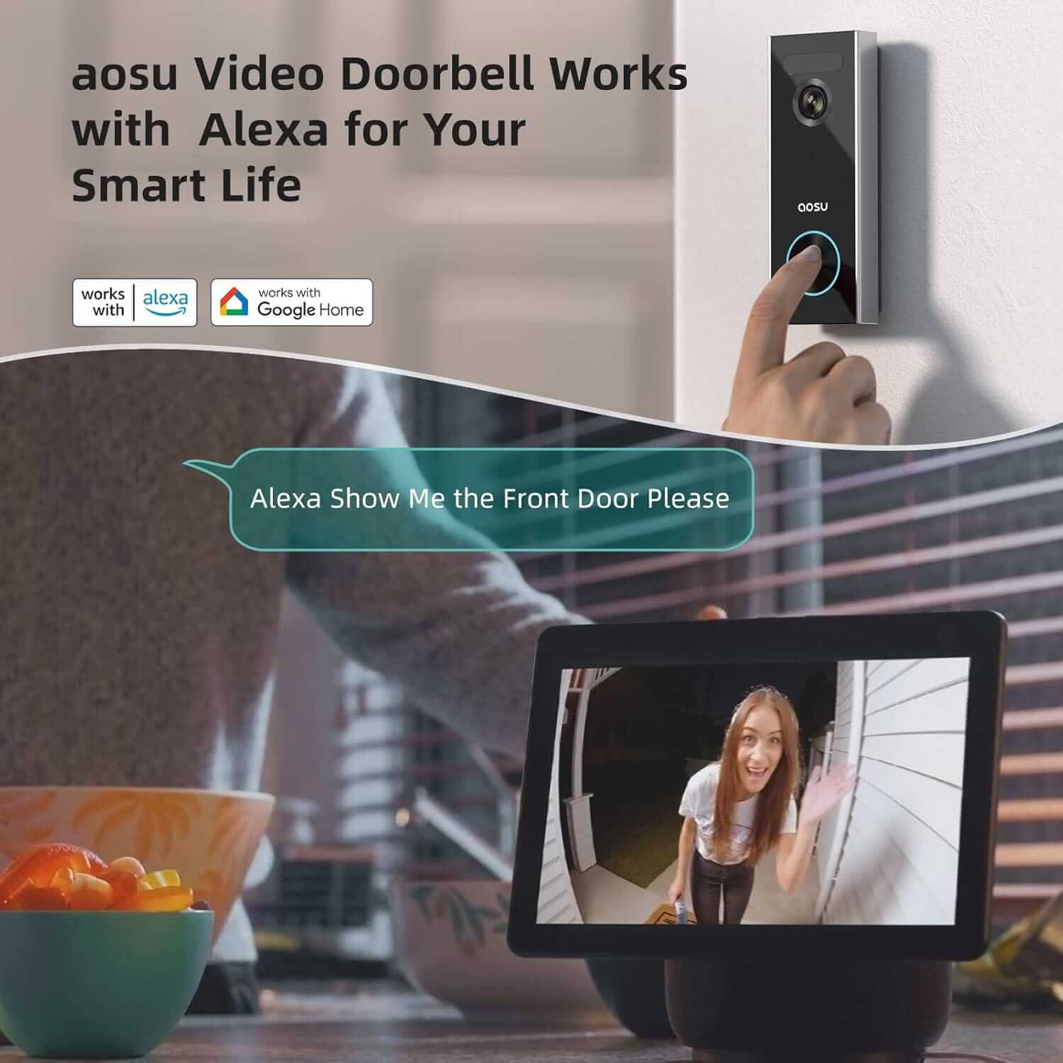 Doorbell with Camera - aosu 2K Video Doorbell, Encrypted Storage, K.I. Personal Detection with AI, Tee-Free, Battery Operated, Works with Alexa, Effortless Installation