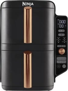 Ninja Double Stack XL Hot Air Fryer, 2 Vertical Drawers, 4 Cooking Levels, 2 Slots, Space Saving Design, 9.5L Capacity, 6 Functions, 8 Servings, Tongs, Black/Copper SL400EUCP