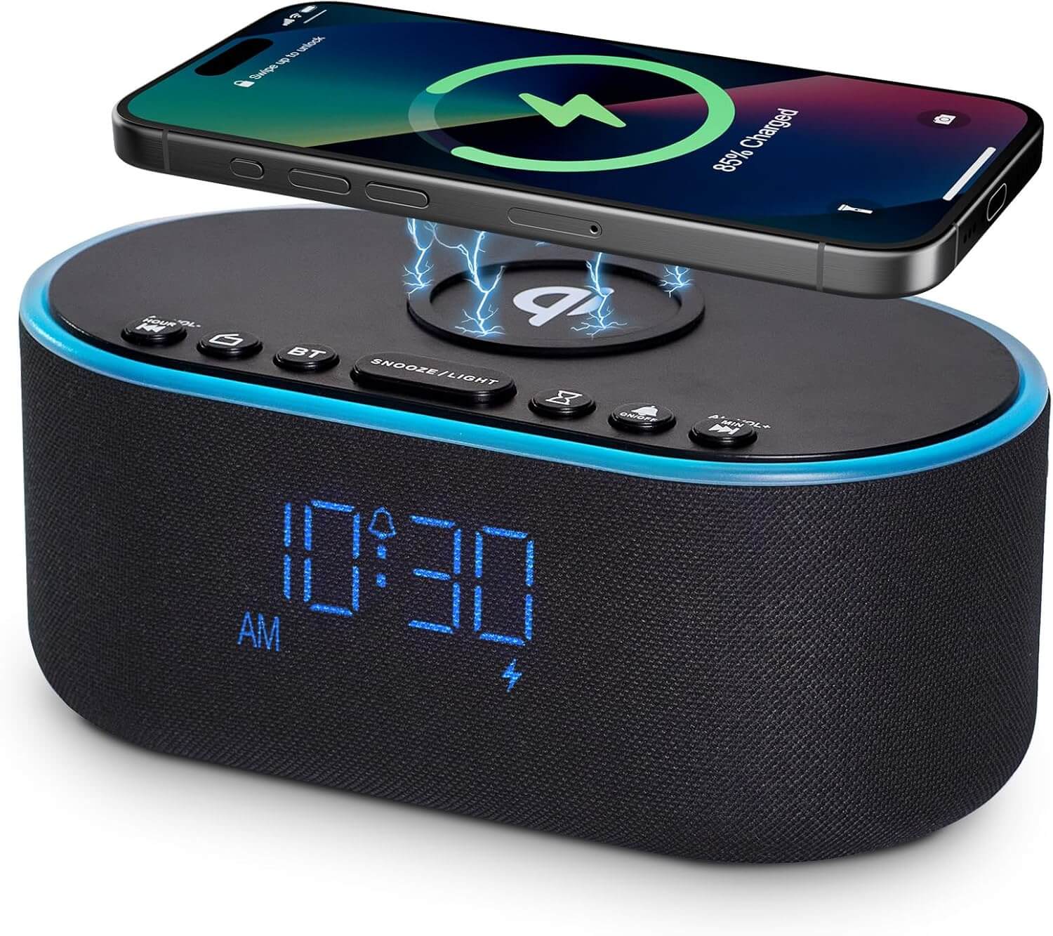 Wireless Charging Alarm Clock Radio: Qi Certified Fast Wireless Charger for iPhone Samsung - 10W Stereo Bluetooth Speaker - Dimmable Digital Clock with FM Radio for Bedroom