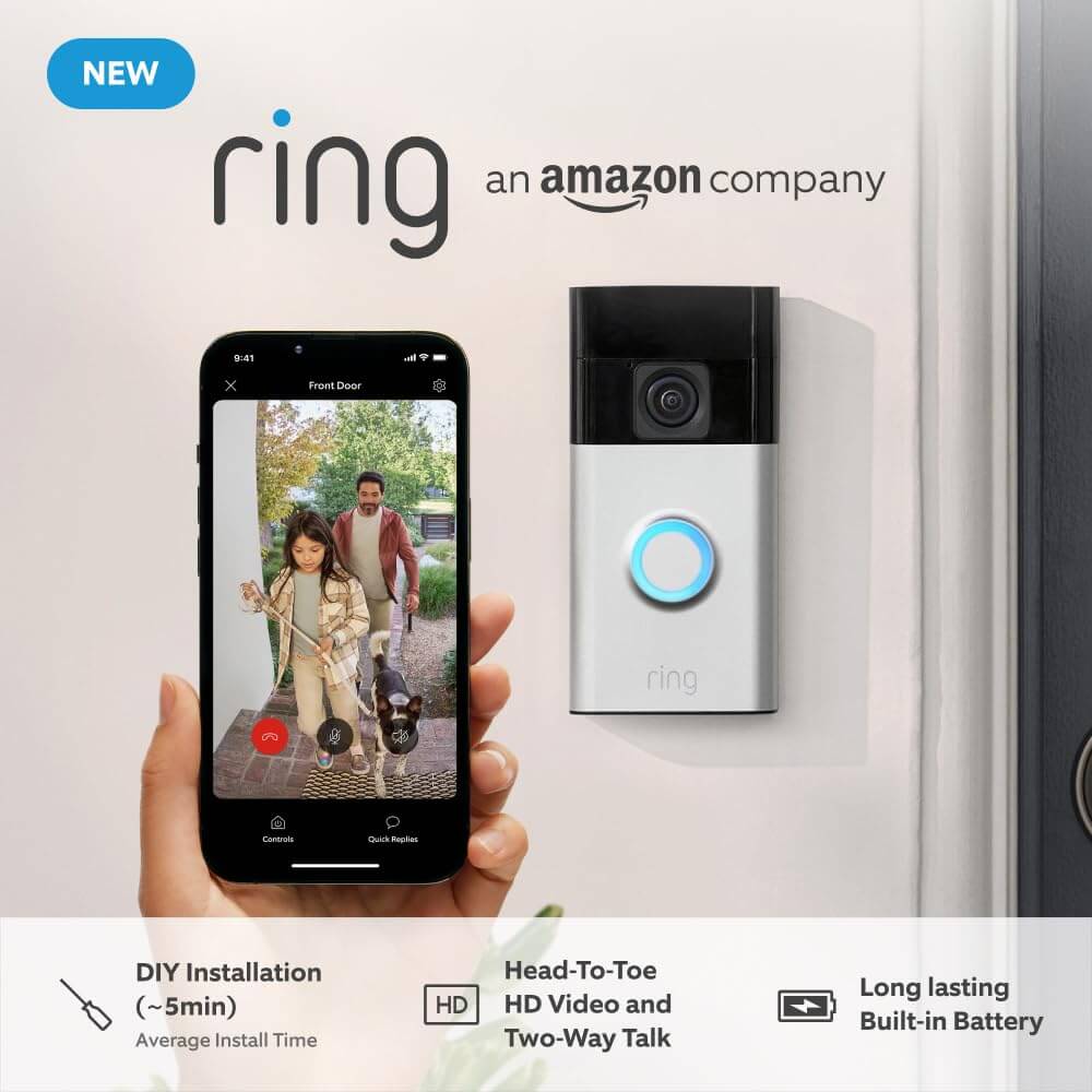 New Ring Battery Video Doorbell (2024 release) | DIY Wireless Video Doorbell Camera I Head-To-Toe View, HD Video | Easy to install (5 min) | With Built-in Battery