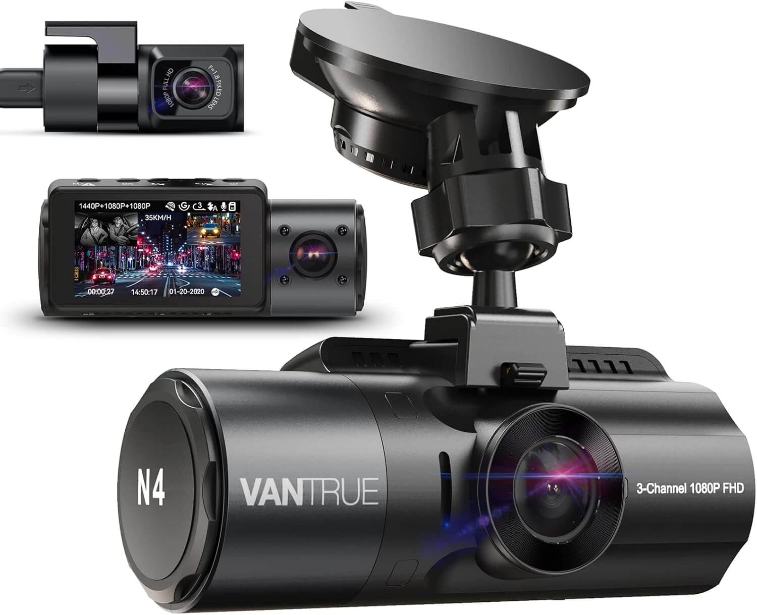 VANTRUE N4 3 Channel 4K Dash Cam Front Rear Inside, 4K+1080P Front Rear Dashcam for Car, 2.5K+2.5K+1080P Triple Car Camera IR Night Vision, Car Dash Cam 160 Wide Angle, 24H Parking Mode, Support 512GB