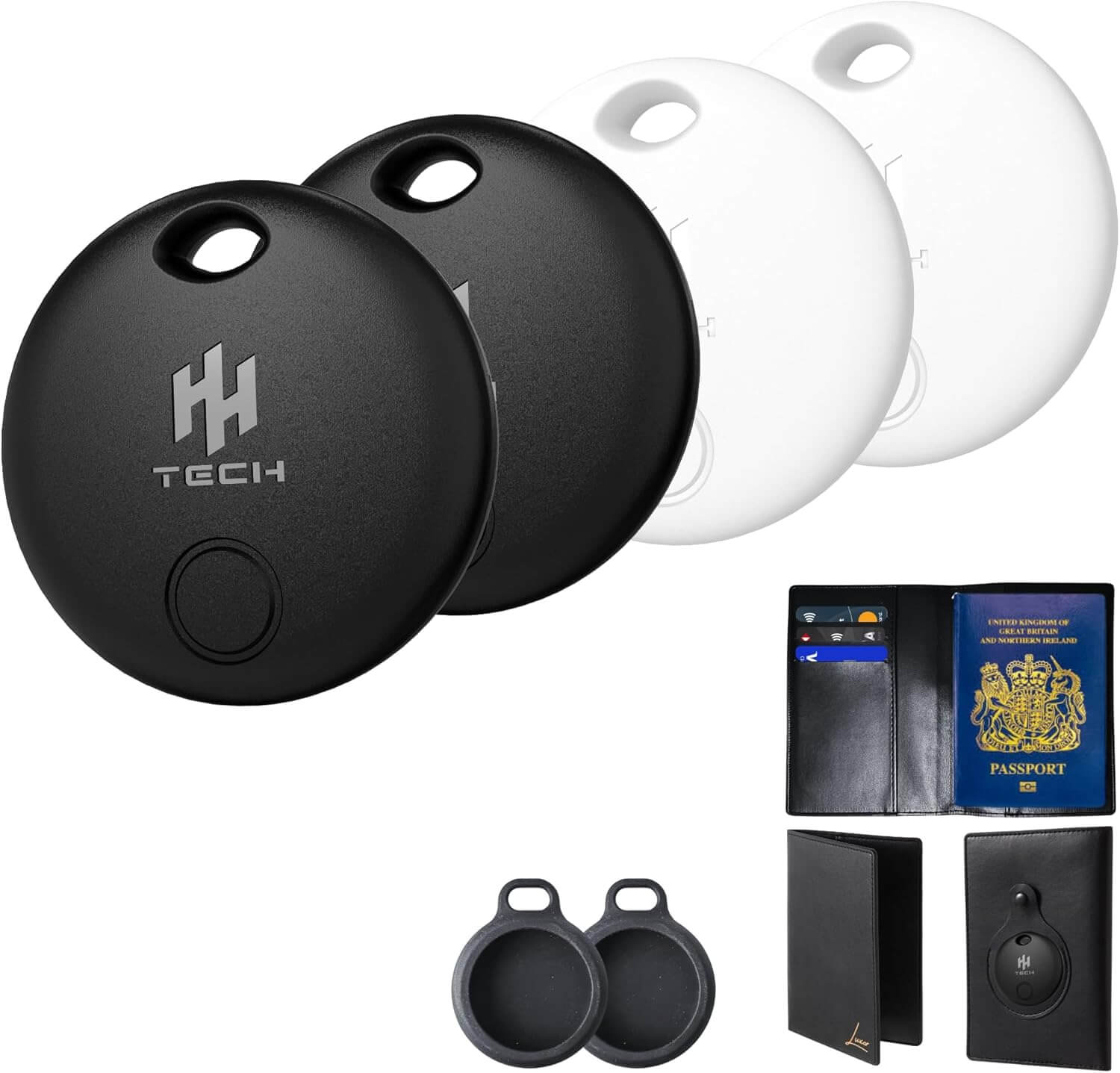 HH-Tech Smart Tag LITE COMBO (4 Tags+2 Protectors+1 Luxor Passport Holder) For Apple iOS Devices, Air Tracker, Item Finder, Easily Track Your Wallet, Bag, Suitcase, and More