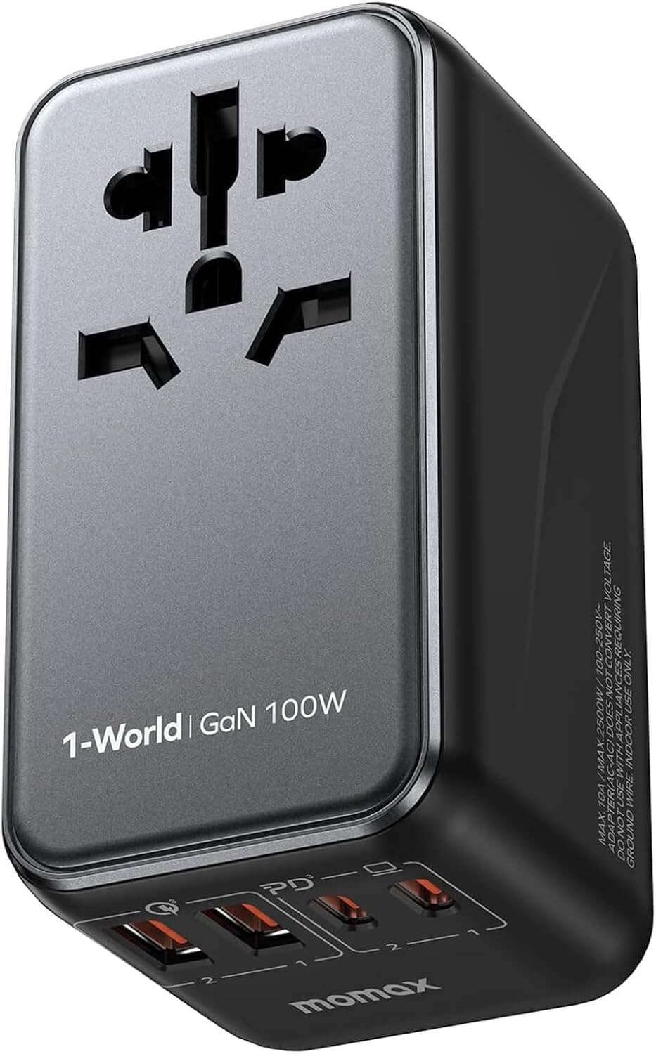 MOMAX Universal Travel Adapter,100W Fast GaN International Power Adapter, 2PD USB-C+2QC USB-A Travel Plug Adapter, US/UK/EU/AU Universal Charger for Laptops, Tablets, Phones Vision Pro 1-World