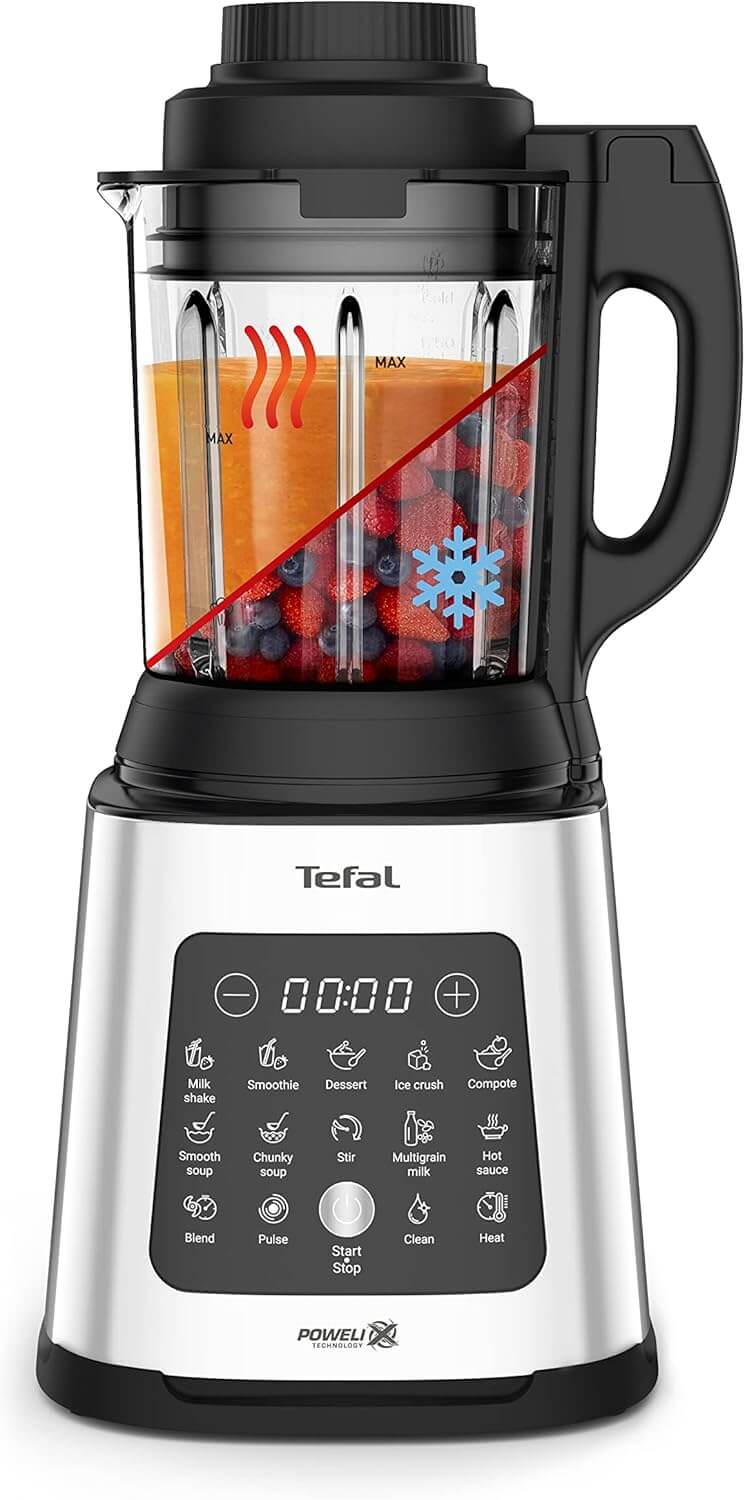 Tefal Blender & Soup Maker Perfectmix Cook, 2L, 10 Auto Programs, Smoothie Maker, Removable Blades, Cleaning Program & Brush, Glass Jug, Tamper, Hot & Cold Kitchen Blender, Cooking