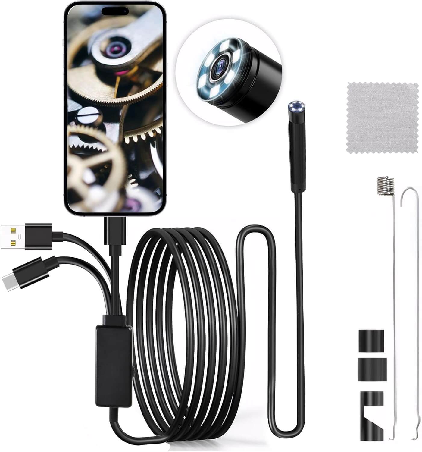 tlidfgeo 16.4FT Endoscope Inspection Camera, Endoscope Camera with 6 Adjustable LED Lights, 8mm IP67 Waterproof Tube, 1920P HD Borescope Inspection Camer a for iOS, Android, PCc (4 in 1)