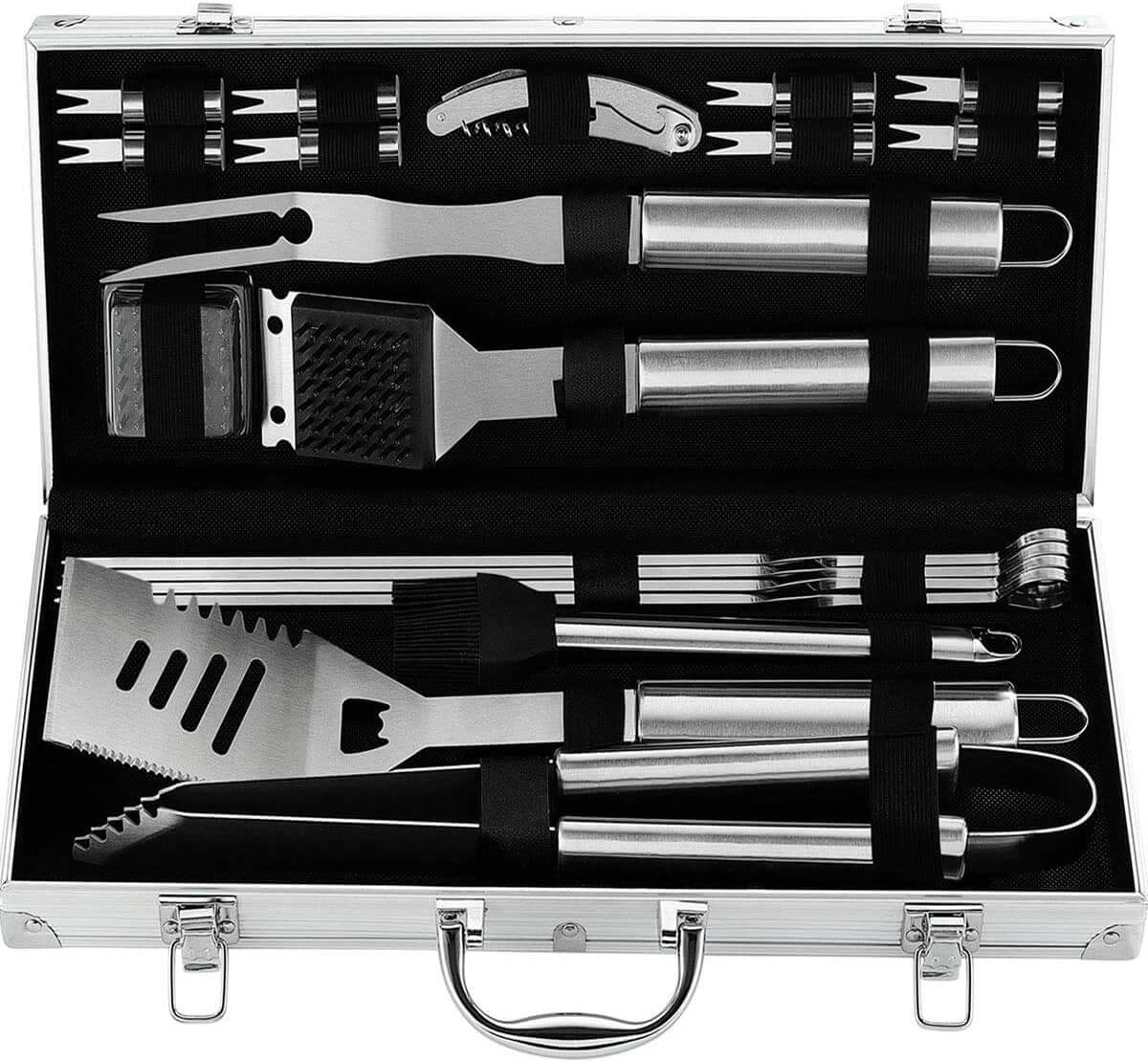 20 Piece Heavy Duty BBQ Grill Tools Set - Extra Thick Stainless Steel Spatula, Fork & Tongs. Complete Barbecue Accessories Kit in Aluminum Storage Case