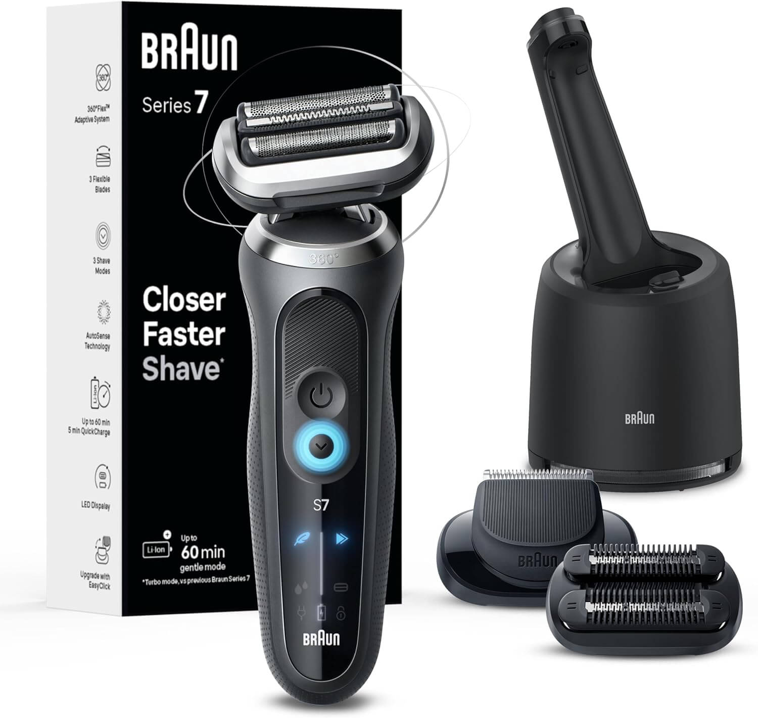 Braun Electric Shaver for Men, Series 7 7185cc, Waterproof, Wet & Dry Shave, Shaving Kit with SmartCare Center and Beard Trimmer, 3 Shave Modes, 60 Minute Battery Runtime