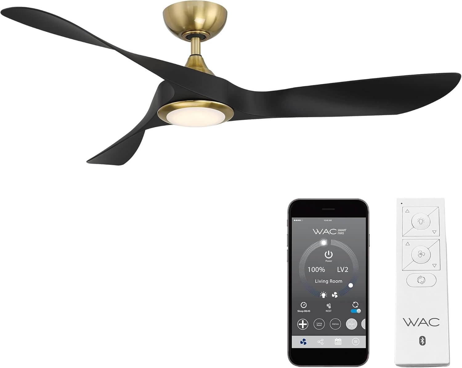 WAC Smart Fans Swirl Indoor and Outdoor 3-Blade Smart Home Ceiling Fan 54in Soft Brass Matte Black with 3000K LED Light Kit and Remote Control works with Alexa and iOS or Android App
