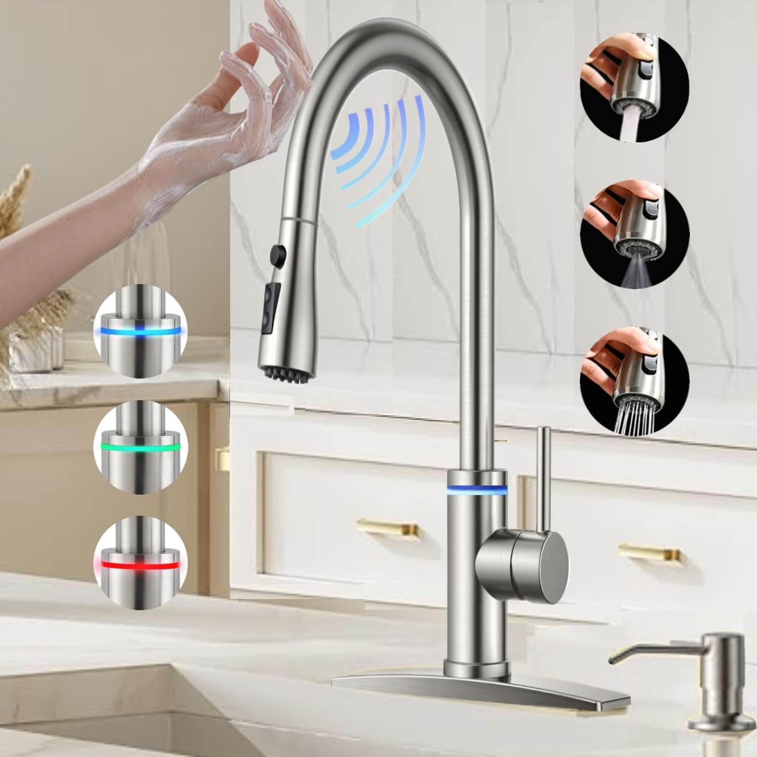 Smart Kitchen Faucet, 3 Modes Pull Down Sprayer, Touch On Sensor Activated, LED Temperature Control, 360-Degree Rotation, 1 or 3 Hole Deck Plate. 10-Year Warranty.