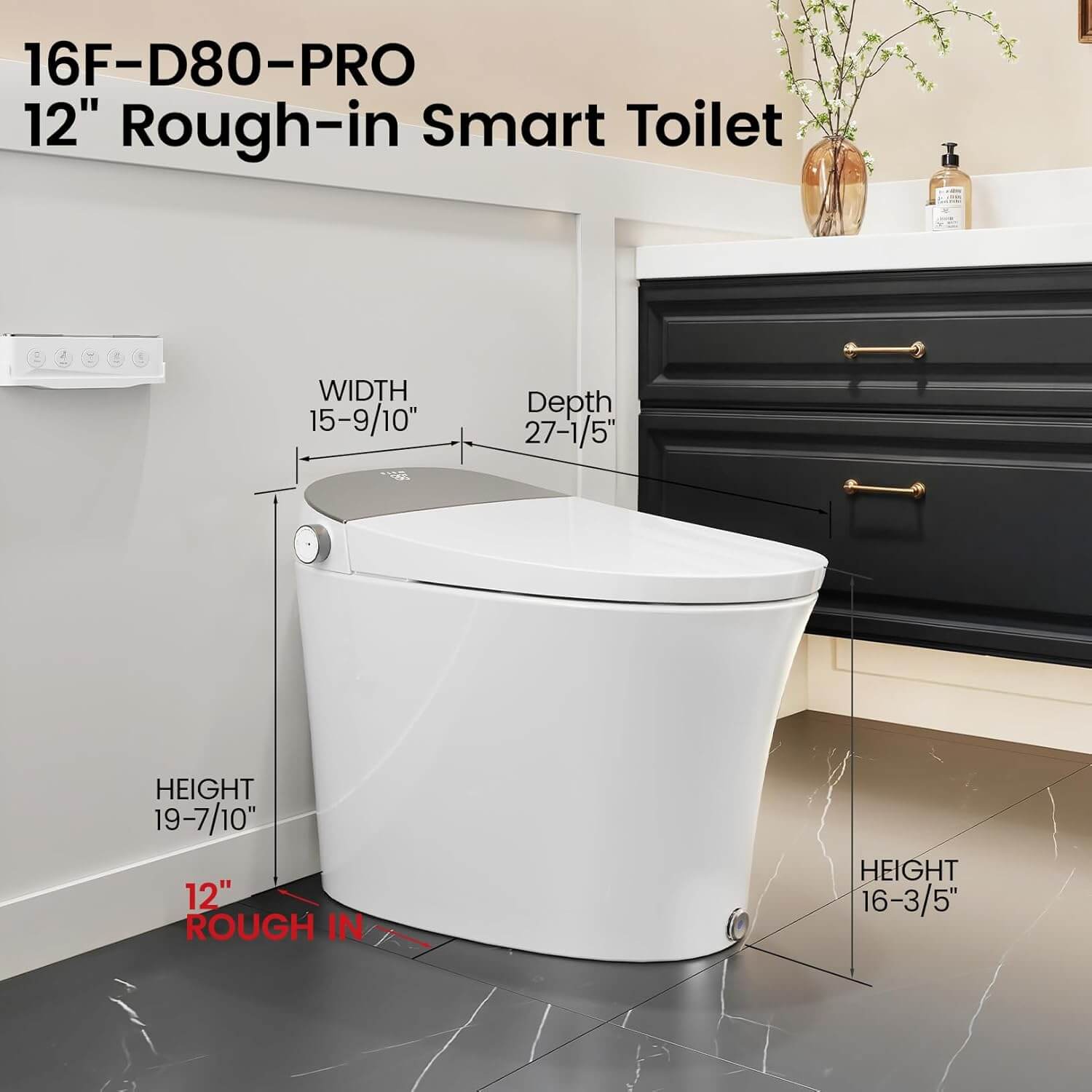Smart Toilet with Bidet Built-In, Bidet Toilet with 1.06 GPF Auto Flush, Built-In Pump, Auto Open & Close Lid, Heated Seat & Dryer, Remote Control, Night Light, Digital Display, Blackout Flush
