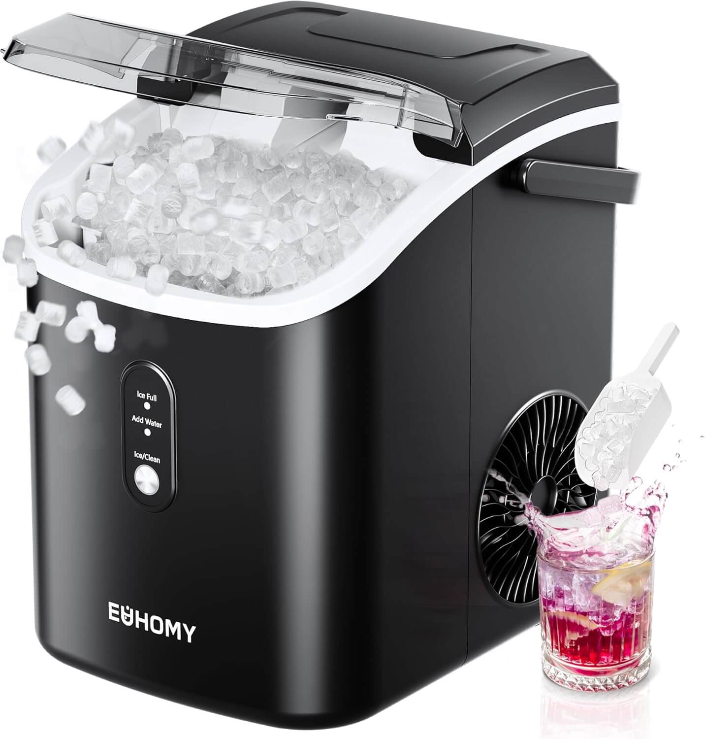 EUHOMY Nugget Ice Maker Countertop with Handle, Ready in 6 Mins, 34lbs Per Day, Removable Top Cover, Auto-Cleaning, Portable Sonic Ice Maker with Basket and Scoop, for Home/Party/RV/Camping