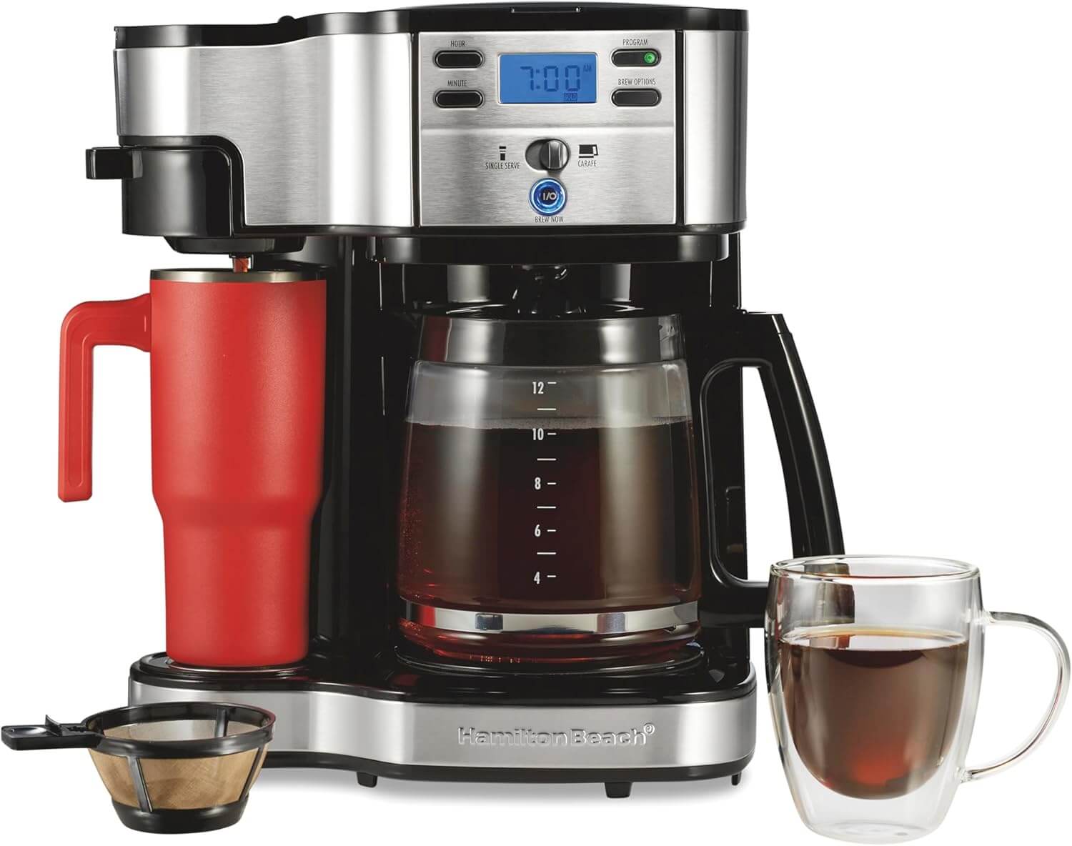 Hamilton Beach 2-Way 12 Cup Programmable Drip Coffee Maker & Single Serve Machine, Glass Carafe, Auto Pause and Pour, Black (49980R