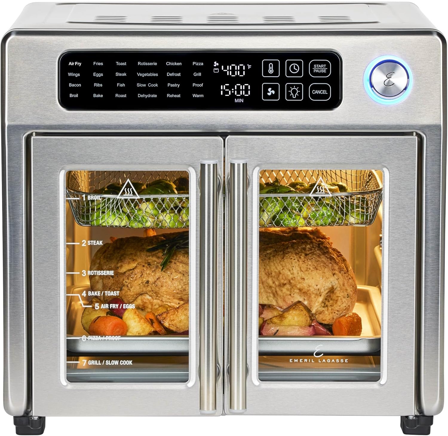 Emeril Lagasse Extra Large French Door Air Fryer Toaster Oven Combo, 24 Cooking Functions and Digital Controls, 7 Accessories Included, Stainless Steel Finish