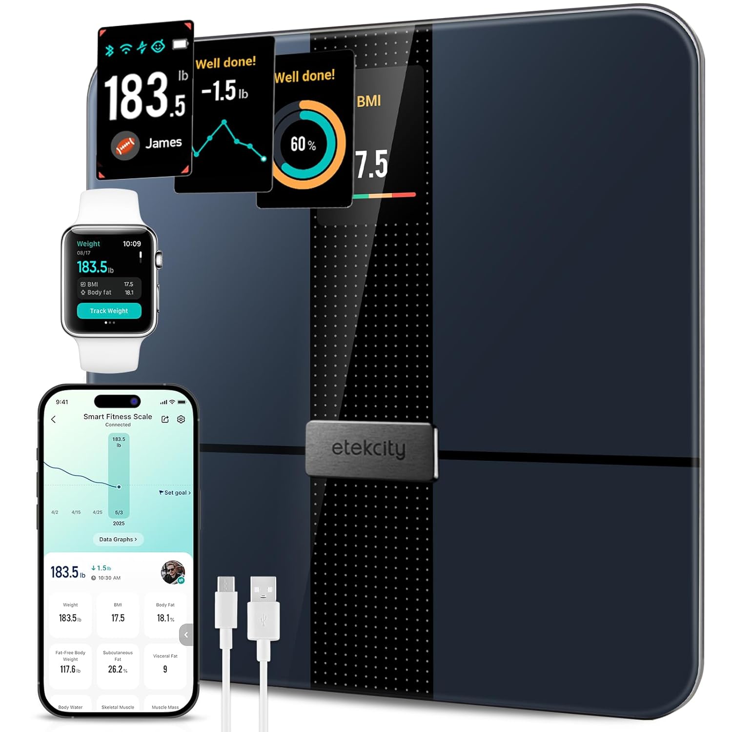 tekcity Smart Scale for Body Weight Fat, Digital Bathroom Weighing Machine for Accurate BMI Muscle Mass Composition, Home Use Apple Health Compatible Fitness Equipment