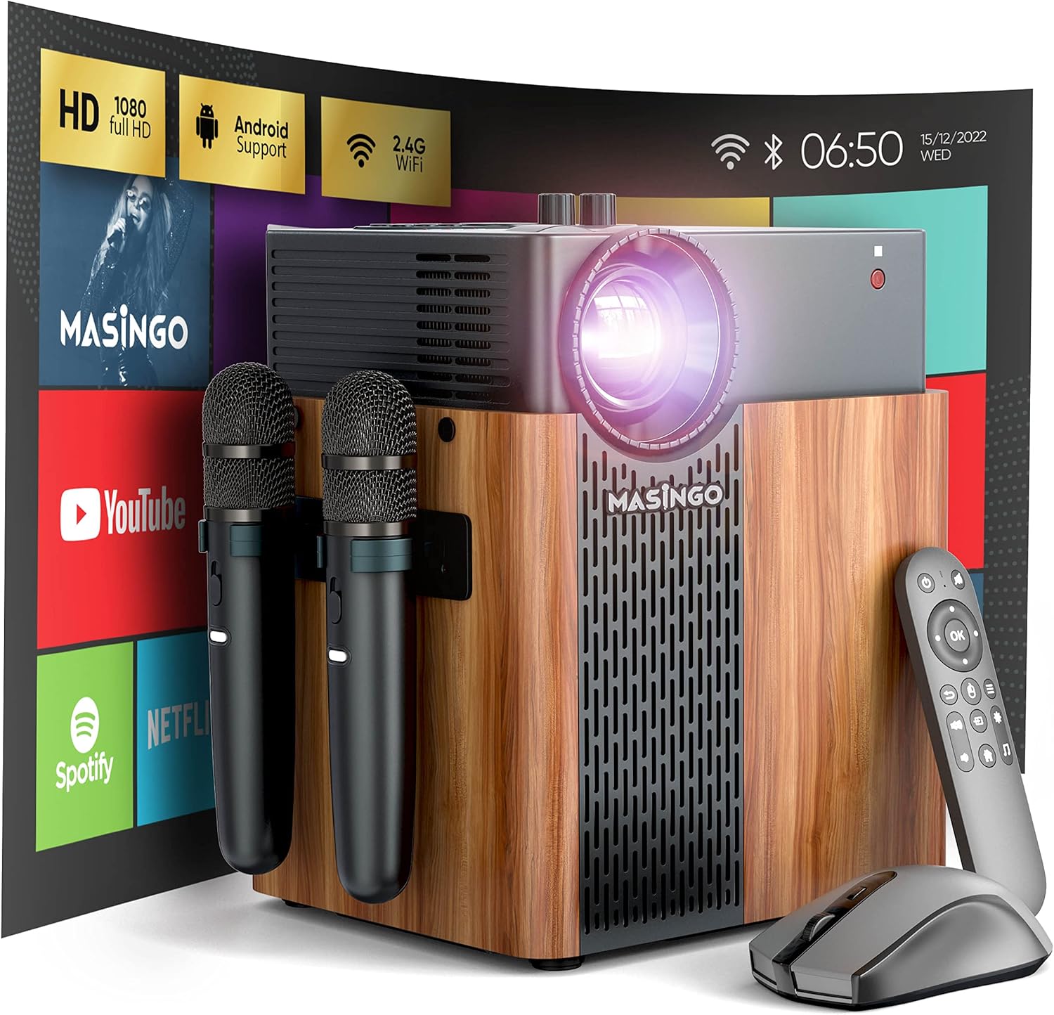 MASINGO 4-in-1 Portable Karaoke Machine with Smart 1080p Projector w/WiFi, Speaker & 2 Wireless Microphones. Built-in Android System for Lyrics Display Apps, Netflix, YouTube.
