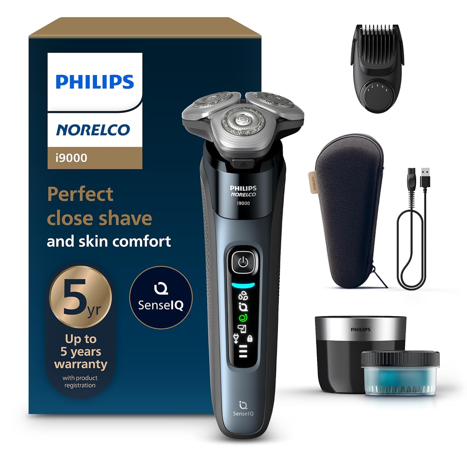 Philips Norelco Shaver i9000, Wet & Dry Electric Shaver, Taubenblau, SenseIQ Technology, Triple Lift & Cut System, 360 Rotating Dual SteelPrecision Precision Blades, Beard Styler, Model X9001/91