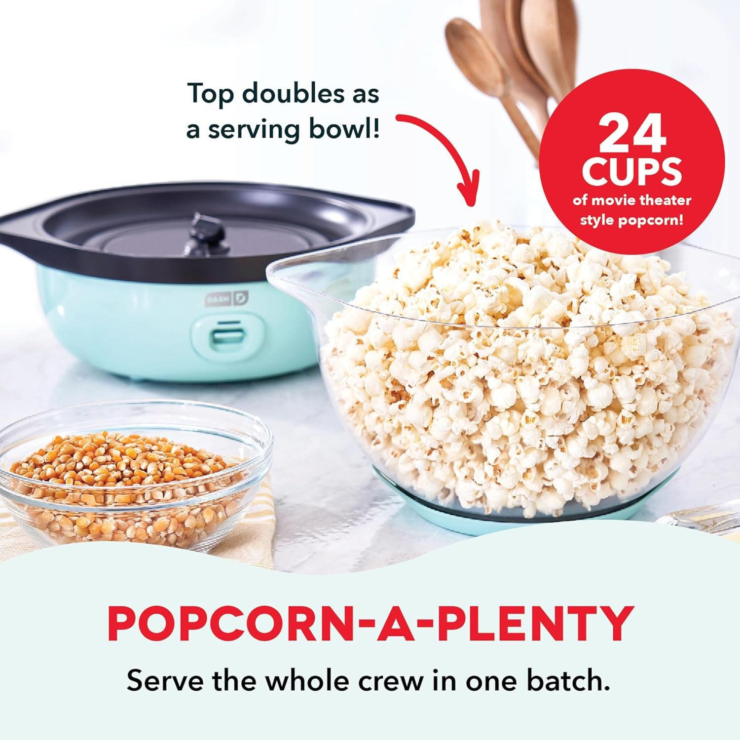 Dash SmartStore Deluxe Stirring Popcorn Maker - Hot Oil Electric Popcorn Popper with Butter-Warming Tray, Clear Serving Bowl, Storage Lid & Measuring Cup - 24 Cups, Aqua