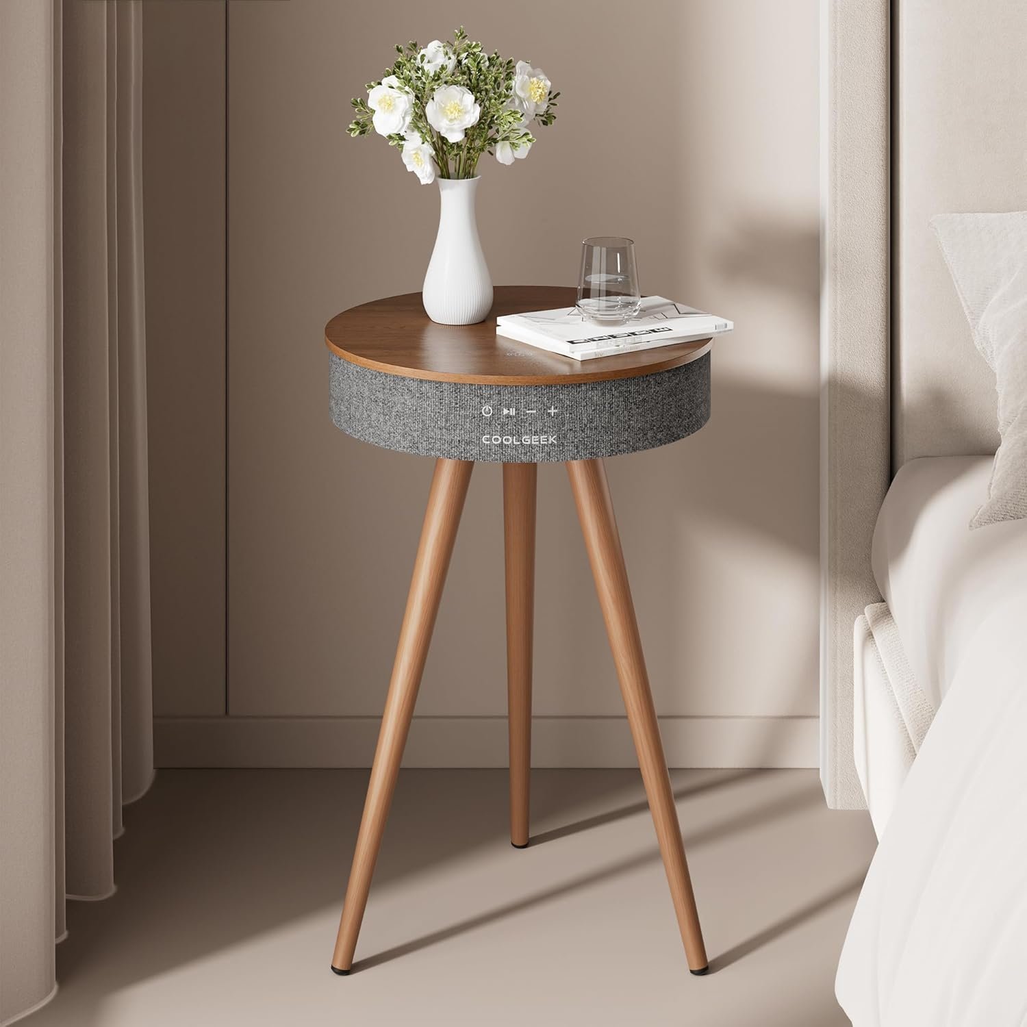 R1 Smart Side Table with Bluetooth Speaker & Wireless Charging - Mid-Century Modern Walnut End Table - 3-in-1 Tech Furniture for Bedroom & Living Room, 360° Warm Ambient Sound, 8H Battery