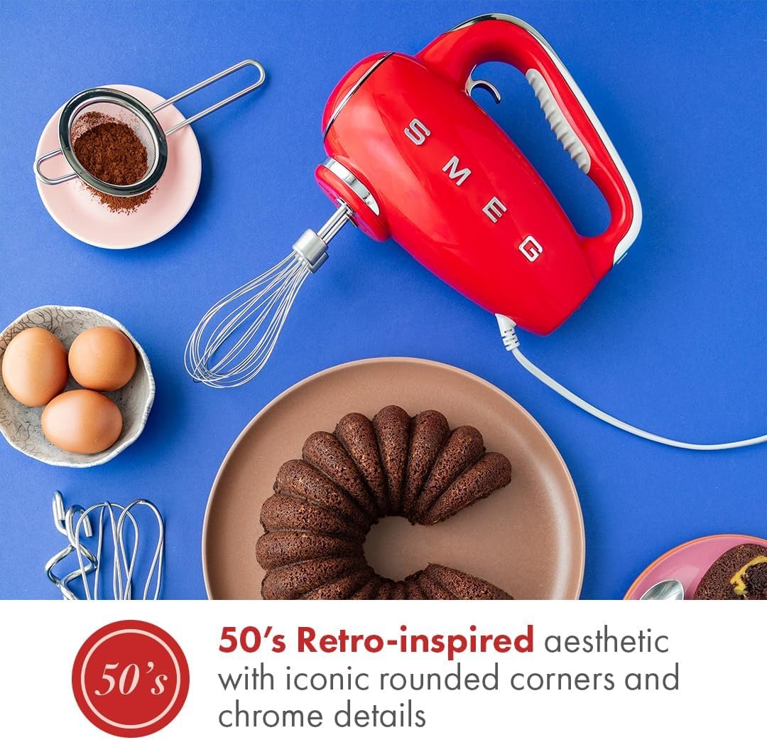 SMEG Red 50's Retro Style Electric Hand Mixer with Set of Beaters, Set of Dough Hooks and Set of Whisks