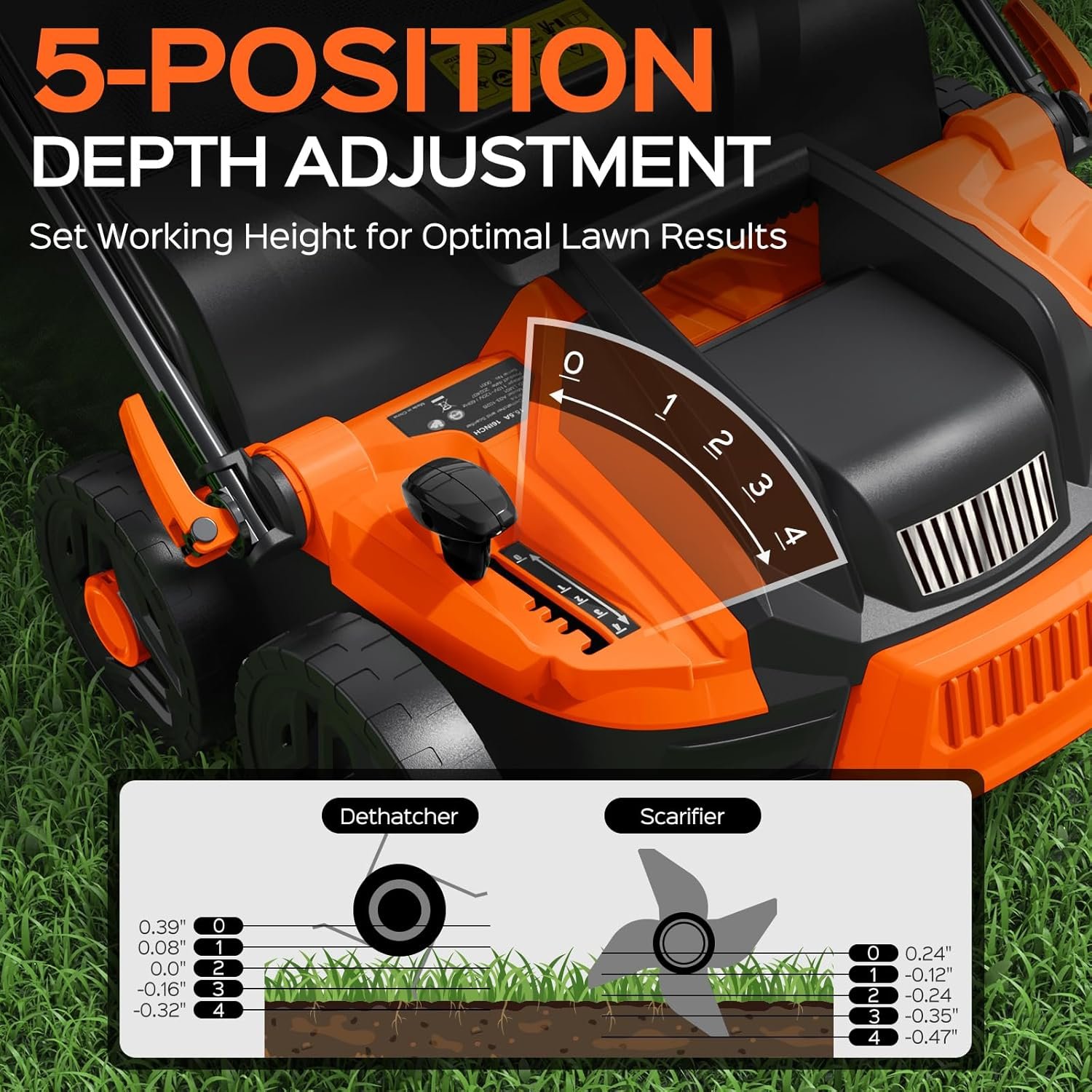 16-Inch 15.5 Amp 2-in-1 Electric Dethatcher and Scarifier with 14.5-Gallon Collection Bag, Lawn Dethatcher with 5-Position Depth Adjustment, Quick-Fold, Keeps Lawn Healthy - Blaze Orange