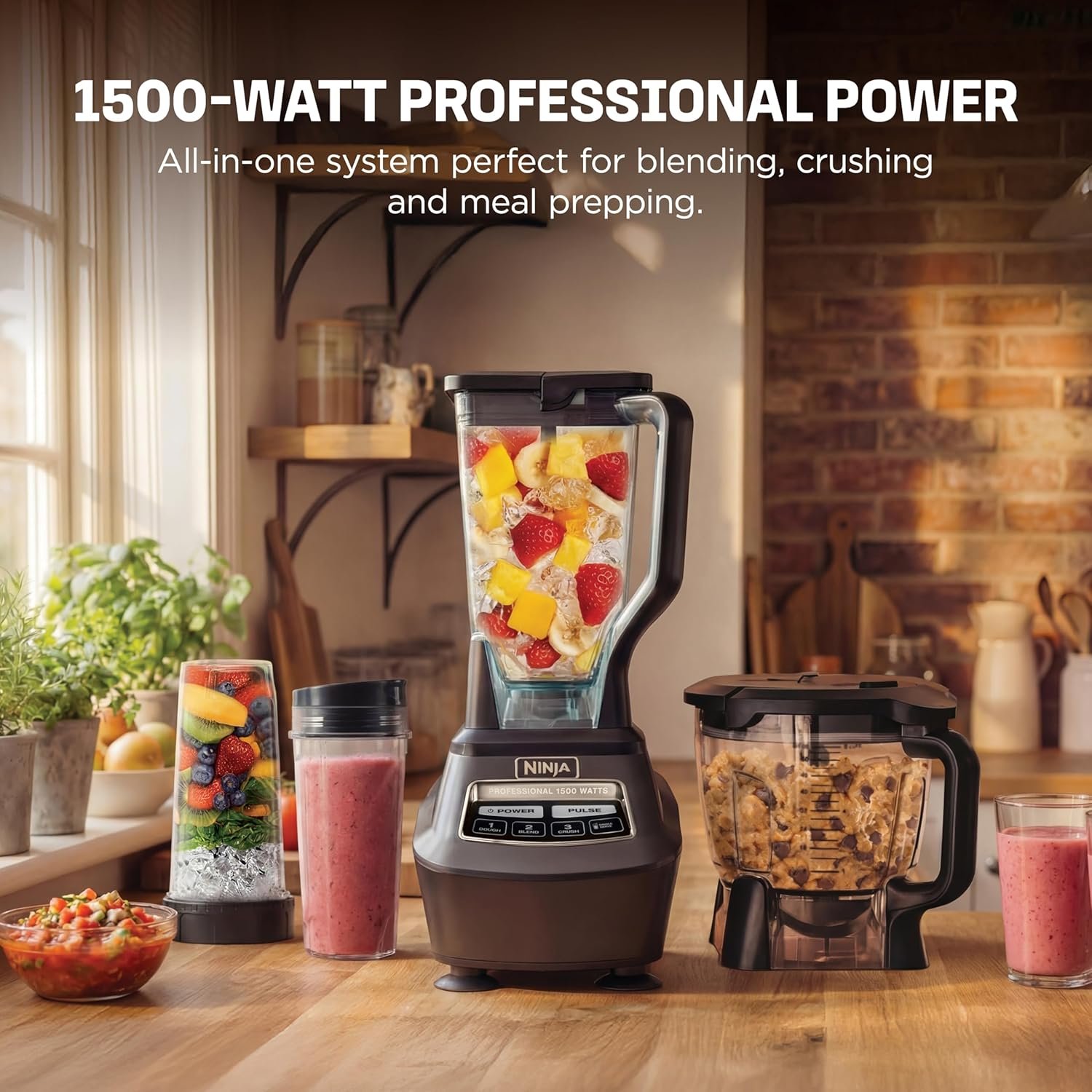 Ninja Kitchen System | 8-Cup Food Processor Bowl & 72 oz. Blender All-in-One | With (2) 16 oz. To-Go Cups | For Smoothies, Ice Crushing, Dough & More | 1500 Watt | Black | BL770