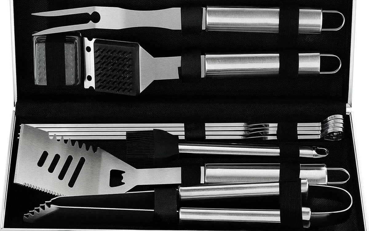 20 Piece Heavy Duty BBQ Grill Tools Set - Extra Thick Stainless Steel Spatula, Fork & Tongs. Complete Barbecue Accessories Kit in Aluminum Storage Case