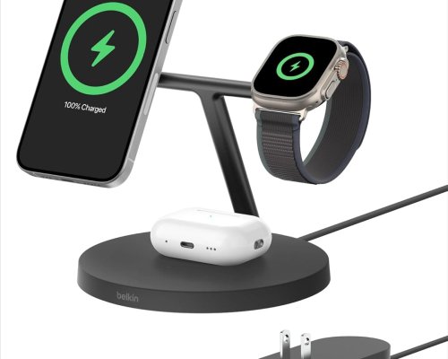 Belkin MagSafe-Compatible Charger, 3-in-1 Wireless Charging Station, Qi2-Certified 15W Wireless Charge for Apple iPhone 16 Series, Apple Watch, AirPods w/Non-Slip Base, 40W Included - Black