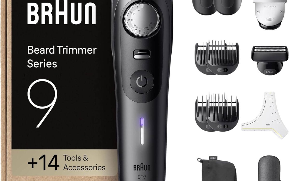 Braun Beard Trimmer Series 9, +14 Barbering Tools, Power Boost & Lifetime Sharp ProBlade, 180 Min, with Fade, 52 Lengths, PrecisionWheel & Lock, Waterproof, BT9565, Titanium