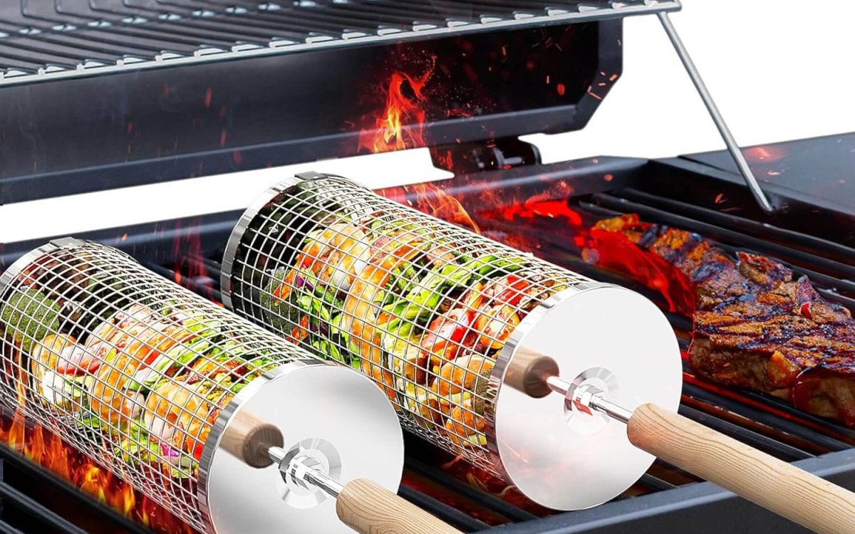Rolling Grill Basket(2PCS), Removable Wooden Handle, 304 Stainless Steel, Nesting Grilling Net, BBQ Accessories Tool for Vegetable Shrimp, Outdoor Cooking Camping, Birthday Gifts for Men Dad Husband
