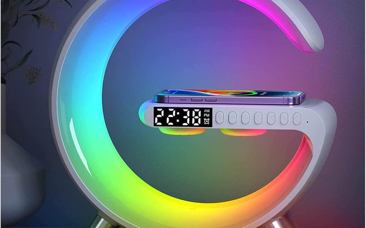 Smart LED Table Lamp, 4-in-1 Wireless Charger, Night Light, Alarm Clock, and Bluetooth Speaker with App Control for Bedroom, Office, and Home Decor 