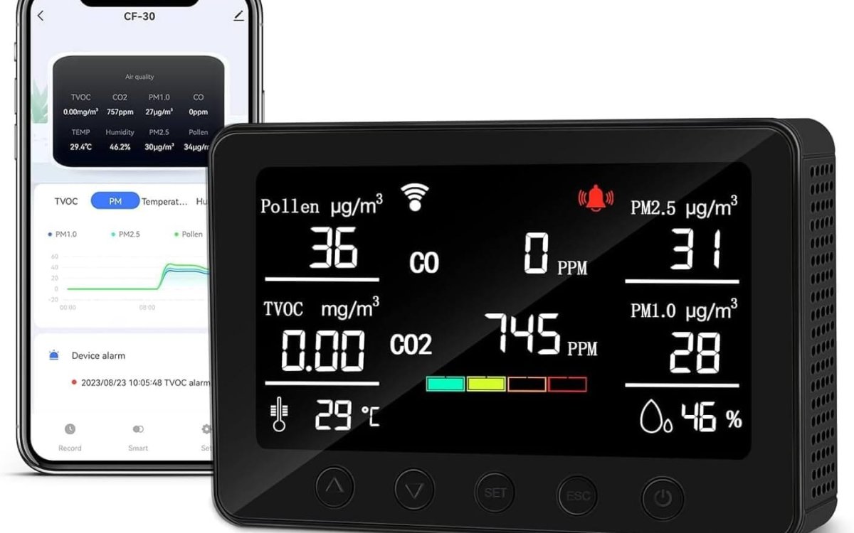 Therm La Mode CF-30 Air Quality Monitor with Smart App, Air Pollution Monitor Detect Pollen CO2, PM2.5, PM1.0, formaldehyde,Temperature, Humidity, Large LCD Display CO2 Monitor